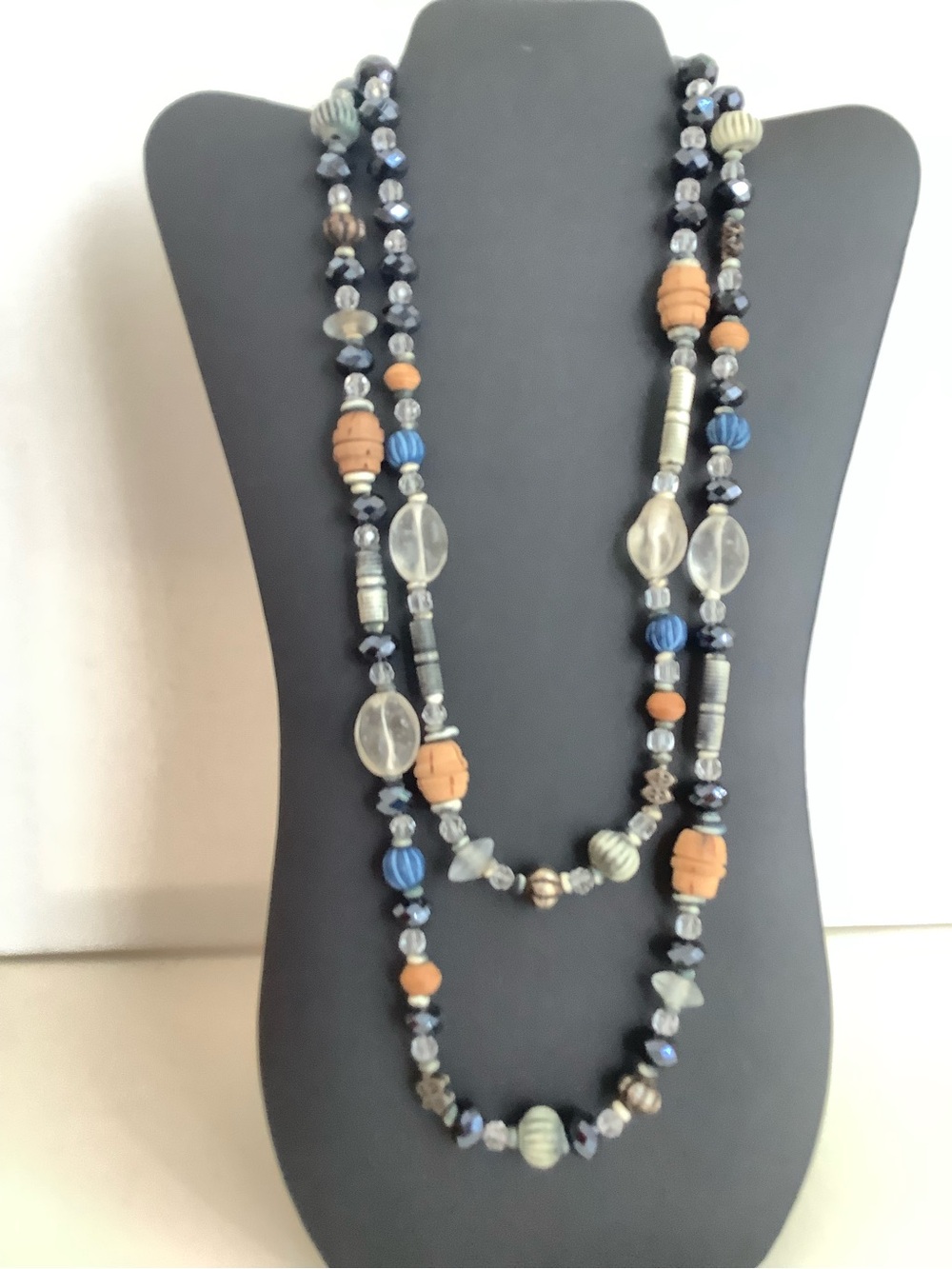 Double-Strand Beaded Necklace in Blue, Tan and Clear - Unbranded